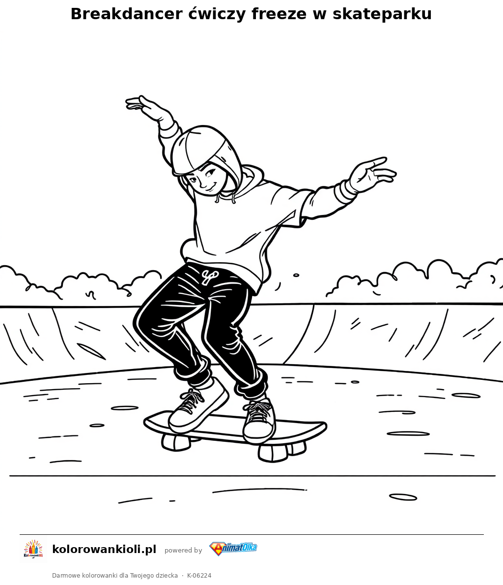 Breakdancer ćwiczy freeze w skateparku — kolorowanka do wydruku dla dzieci