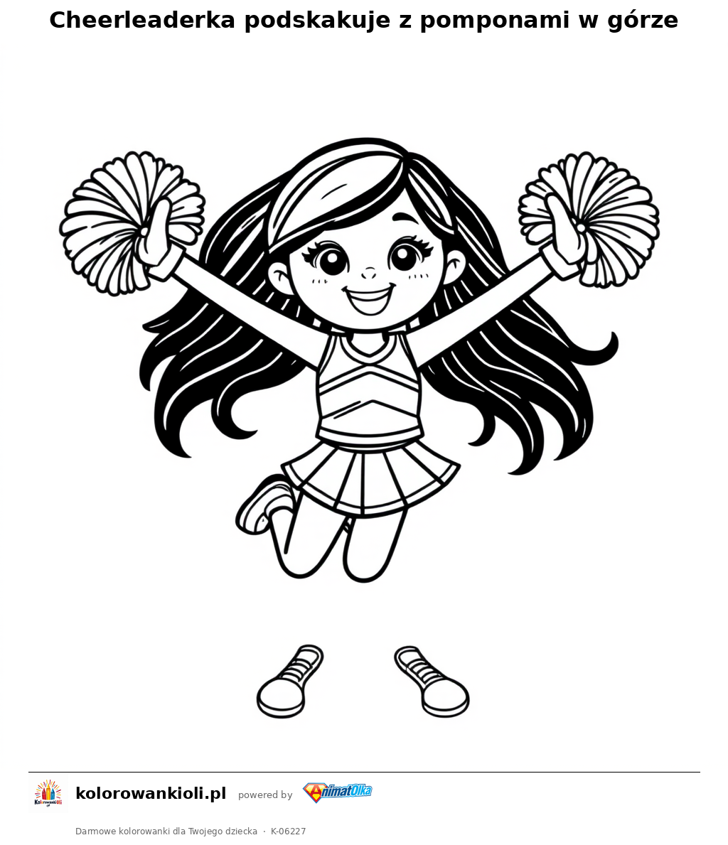 Cheerleaderka podskakuje z pomponami w górze — kolorowanka do wydruku dla dzieci