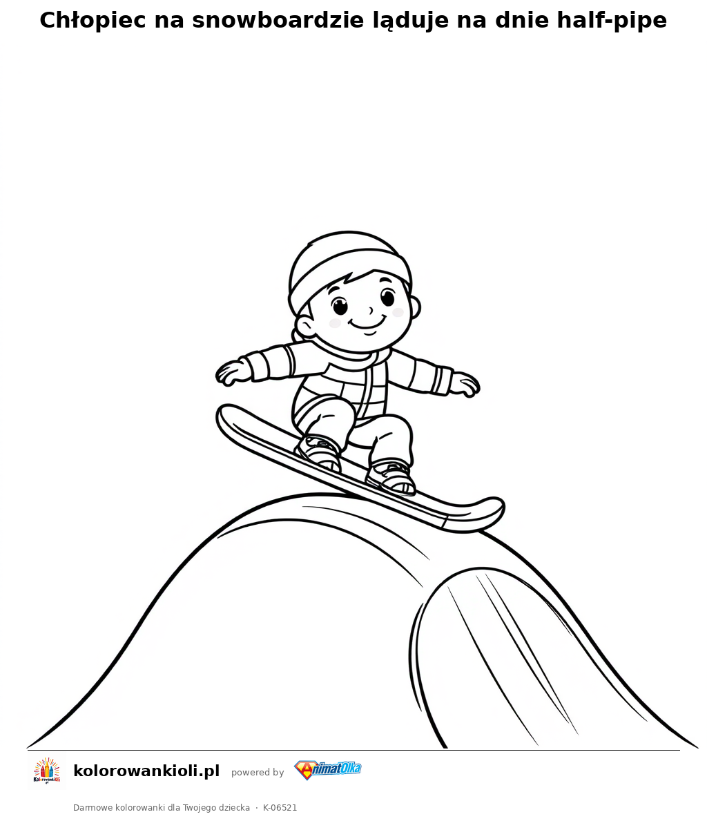Chłopiec na snowboardzie ląduje na dnie half-pipe — kolorowanka do wydruku dla dzieci