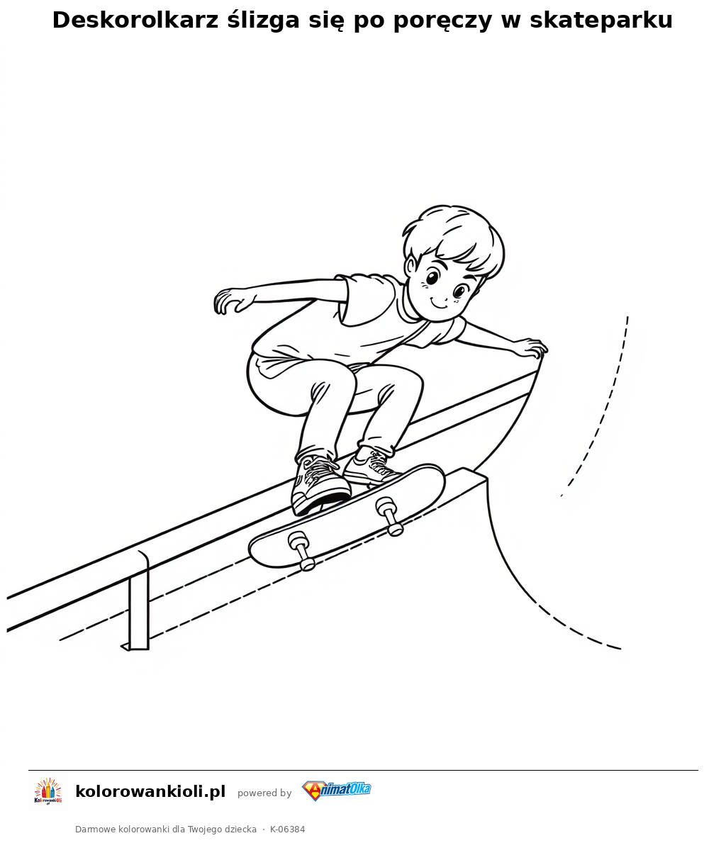 Deskorolkarz ślizga się po poręczy w skateparku — kolorowanka do wydruku dla dzieci