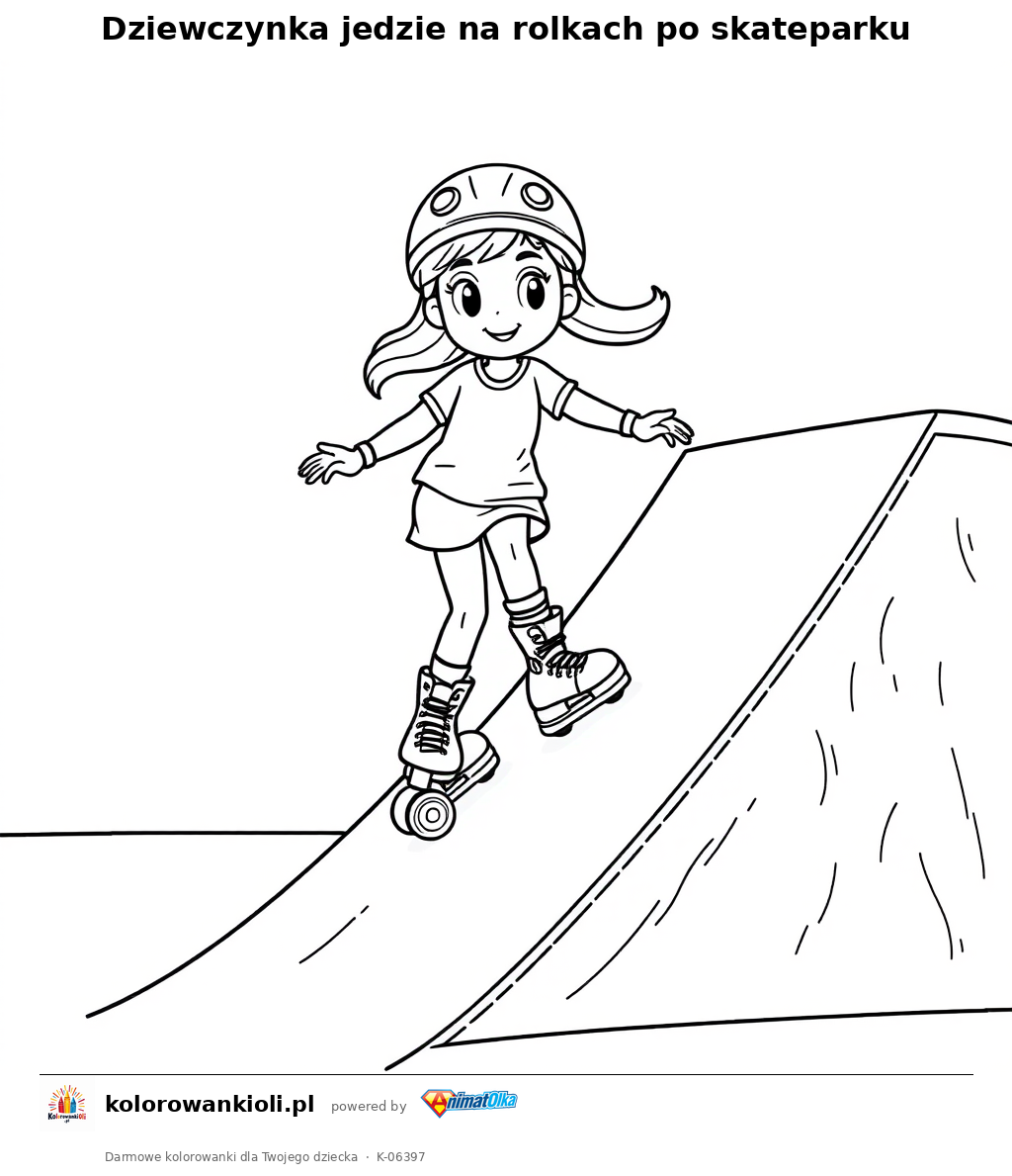 Dziewczynka jedzie na rolkach po skateparku — kolorowanka do wydruku dla dzieci