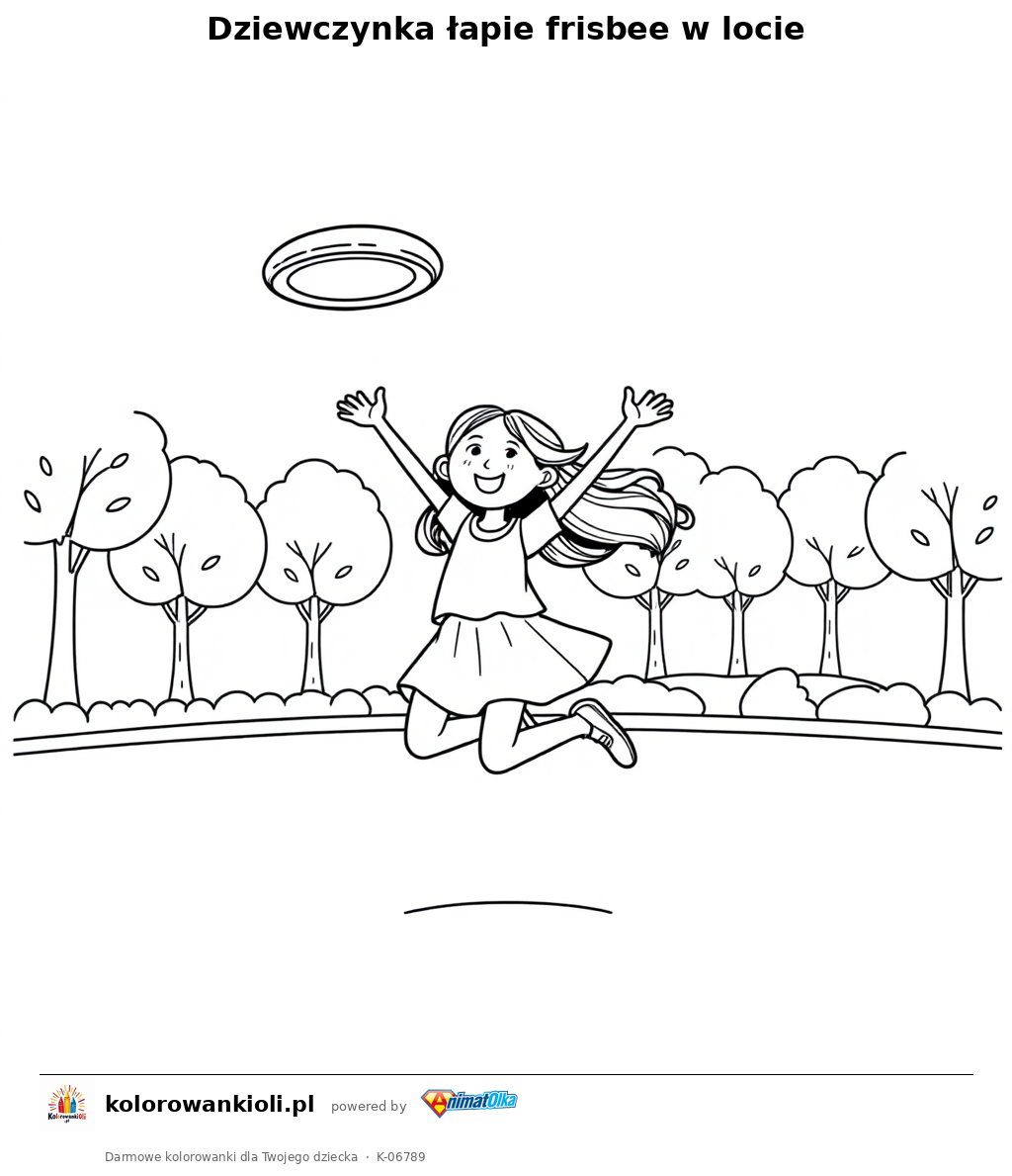 Dziewczynka łapie frisbee w locie — kolorowanka do wydruku dla dzieci