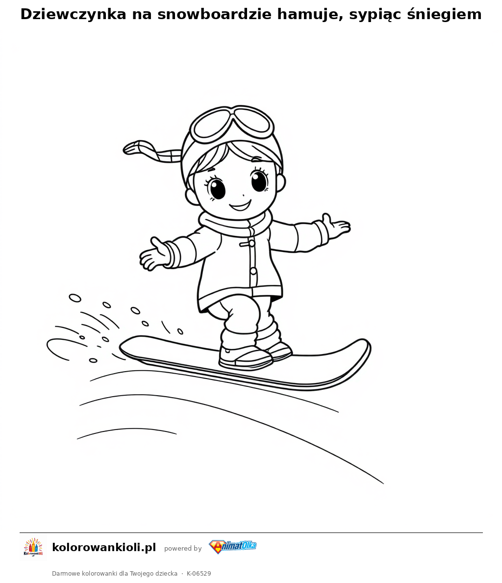 Dziewczynka na snowboardzie hamuje, sypiąc śniegiem — kolorowanka do wydruku dla dzieci