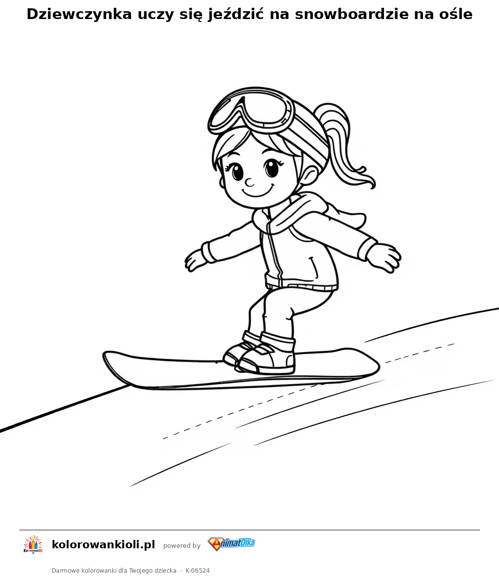 Dziewczynka uczy się jeździć na snowboardzie na ośle — kolorowanka do wydruku dla dzieci