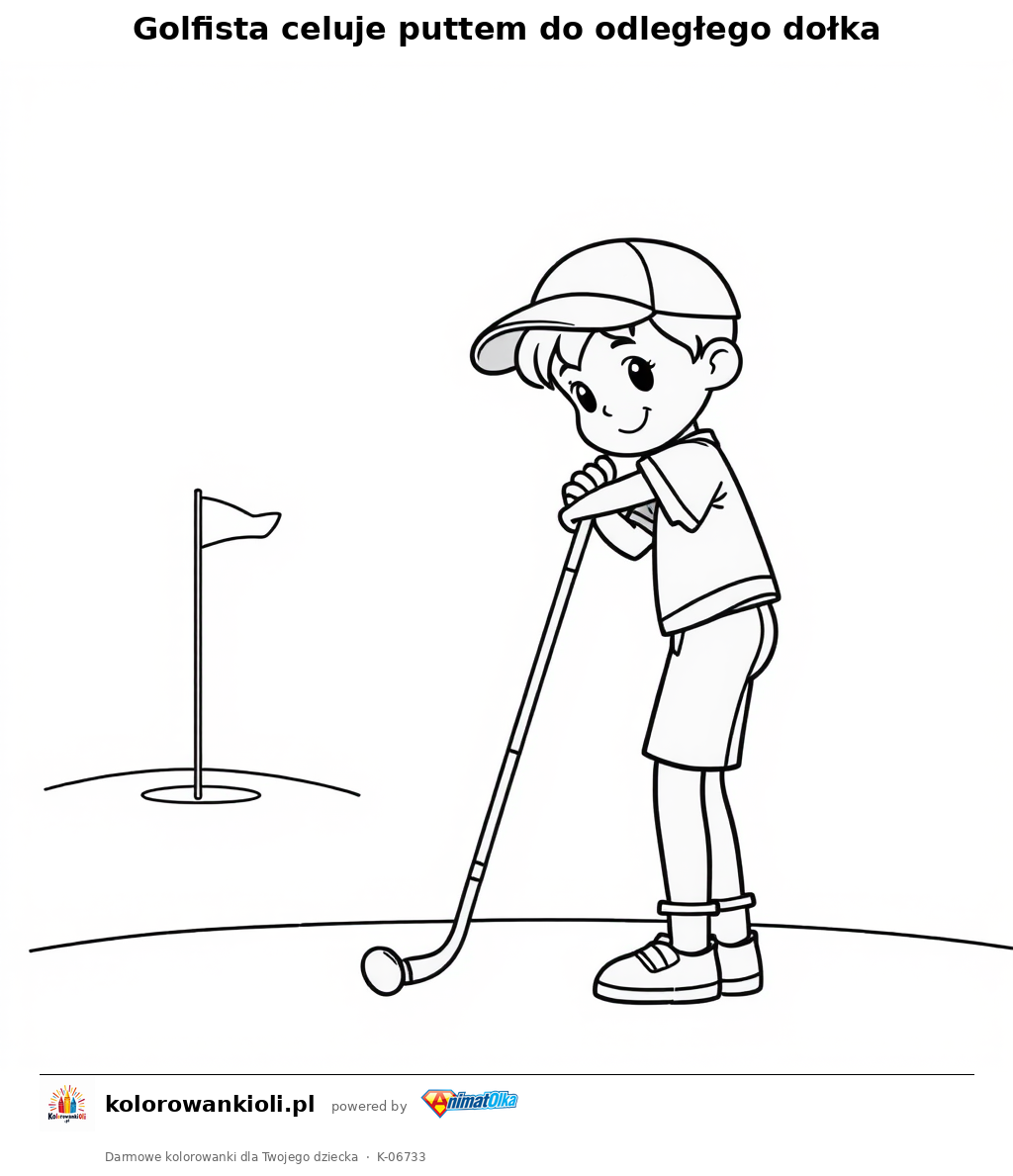 Golfista celuje puttem do odległego dołka — kolorowanka do wydruku dla dzieci