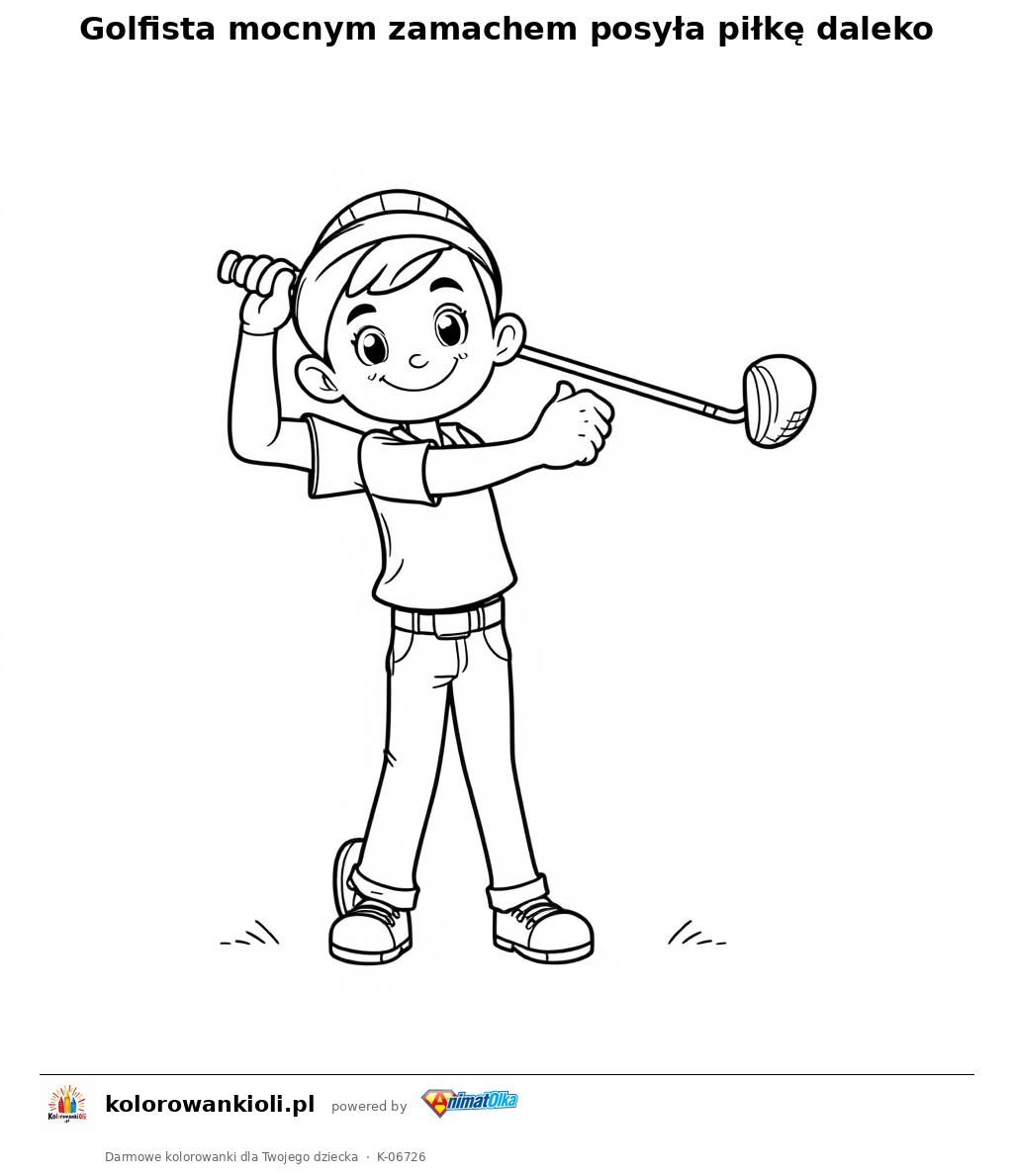 Golfista mocnym zamachem posyła piłkę daleko — kolorowanka do wydruku dla dzieci