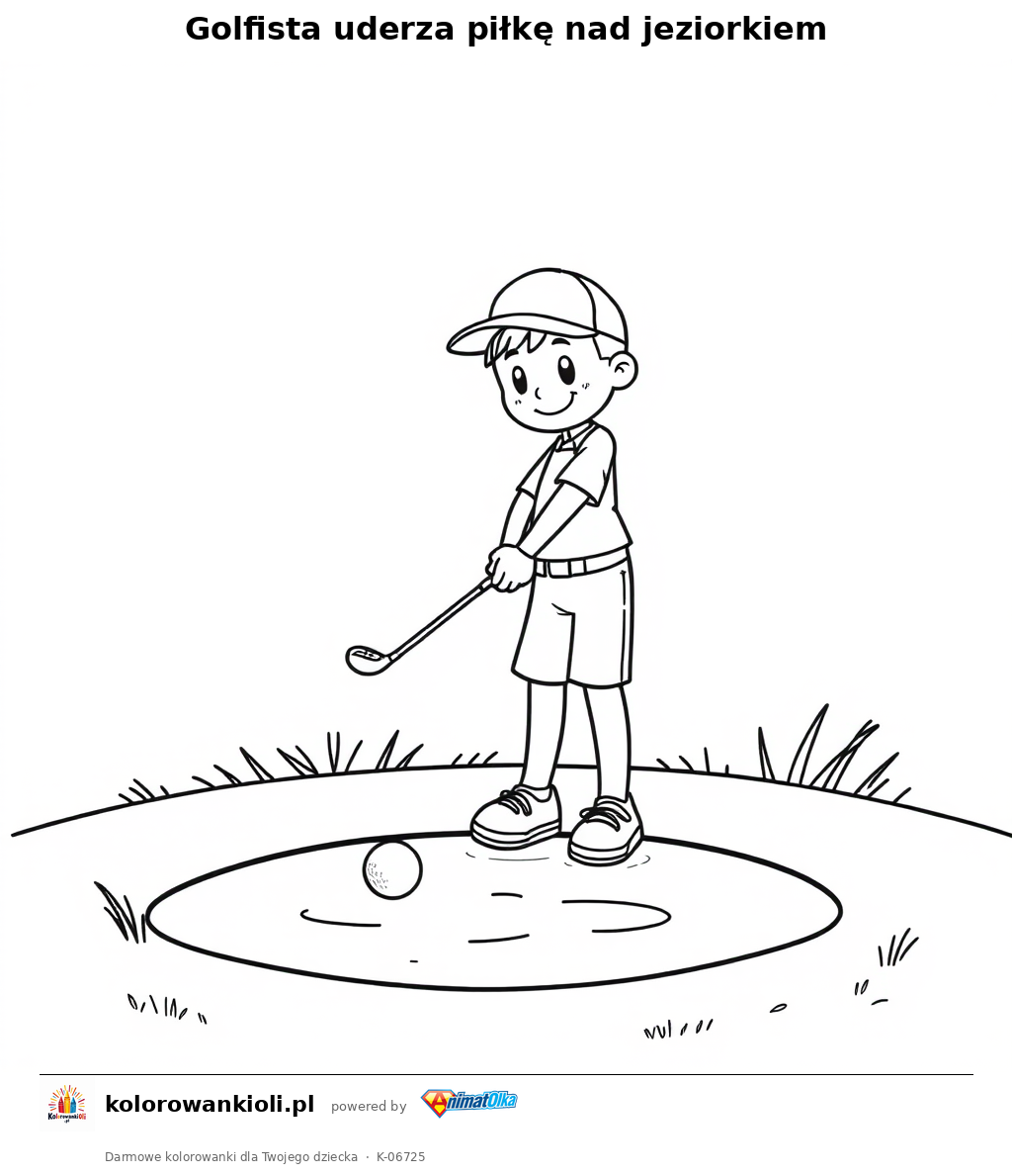 Golfista uderza piłkę nad jeziorkiem — kolorowanka do wydruku dla dzieci