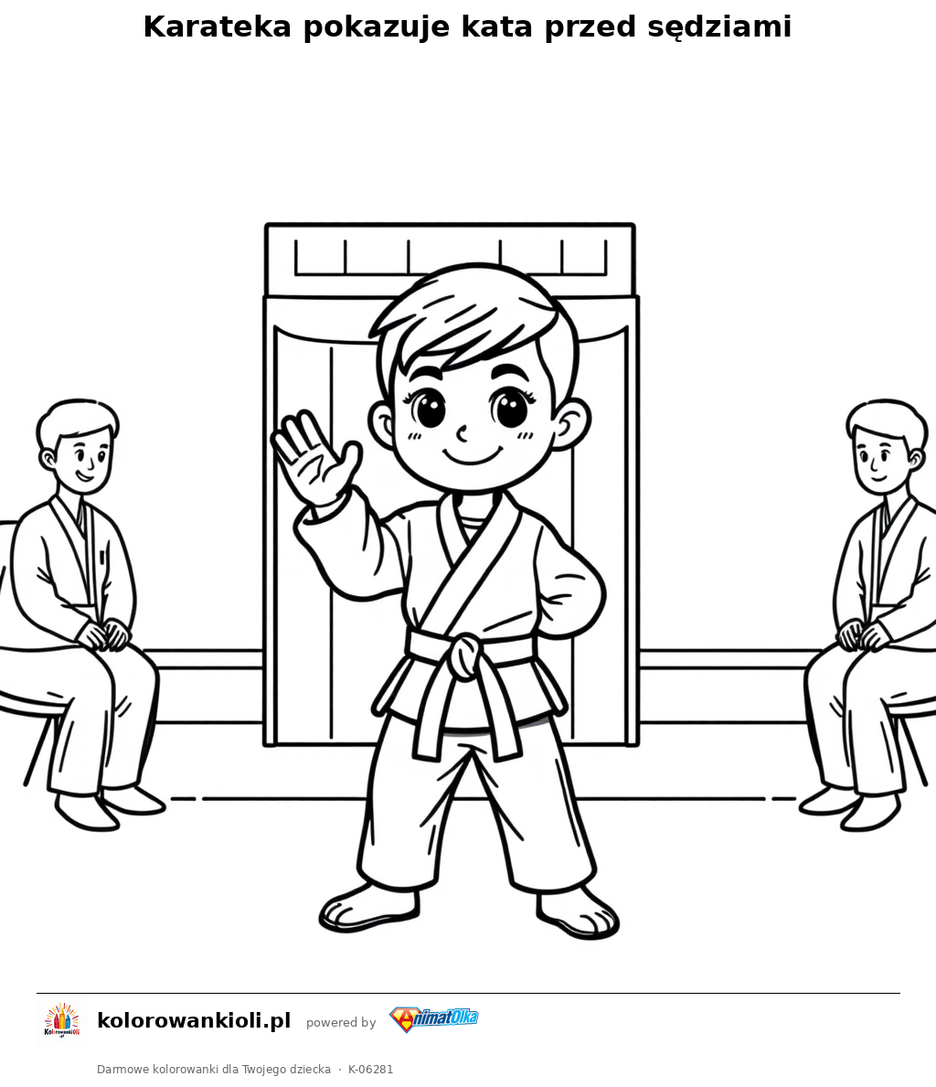 Karateka pokazuje kata przed sędziami — kolorowanka do wydruku dla dzieci