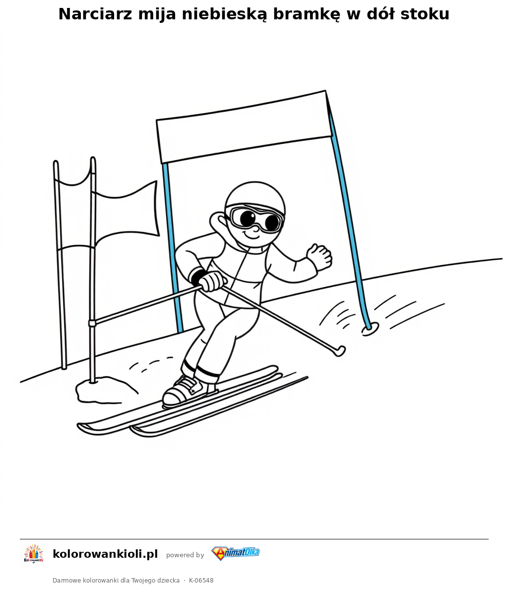 Narciarz mija niebieską bramkę w dół stoku — kolorowanka do wydruku dla dzieci