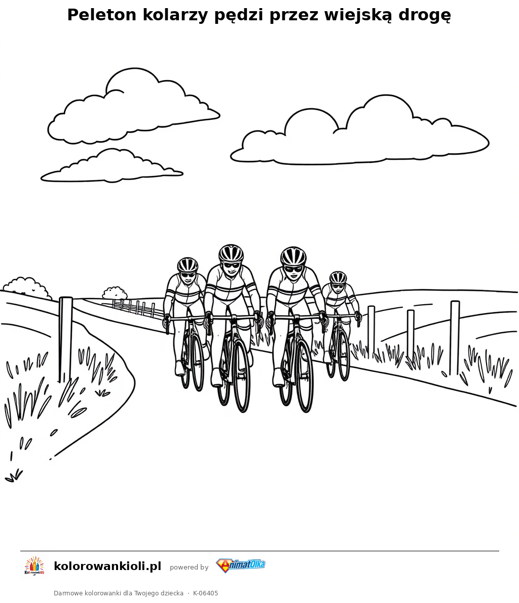 Peleton kolarzy pędzi przez wiejską drogę — kolorowanka do wydruku dla dzieci