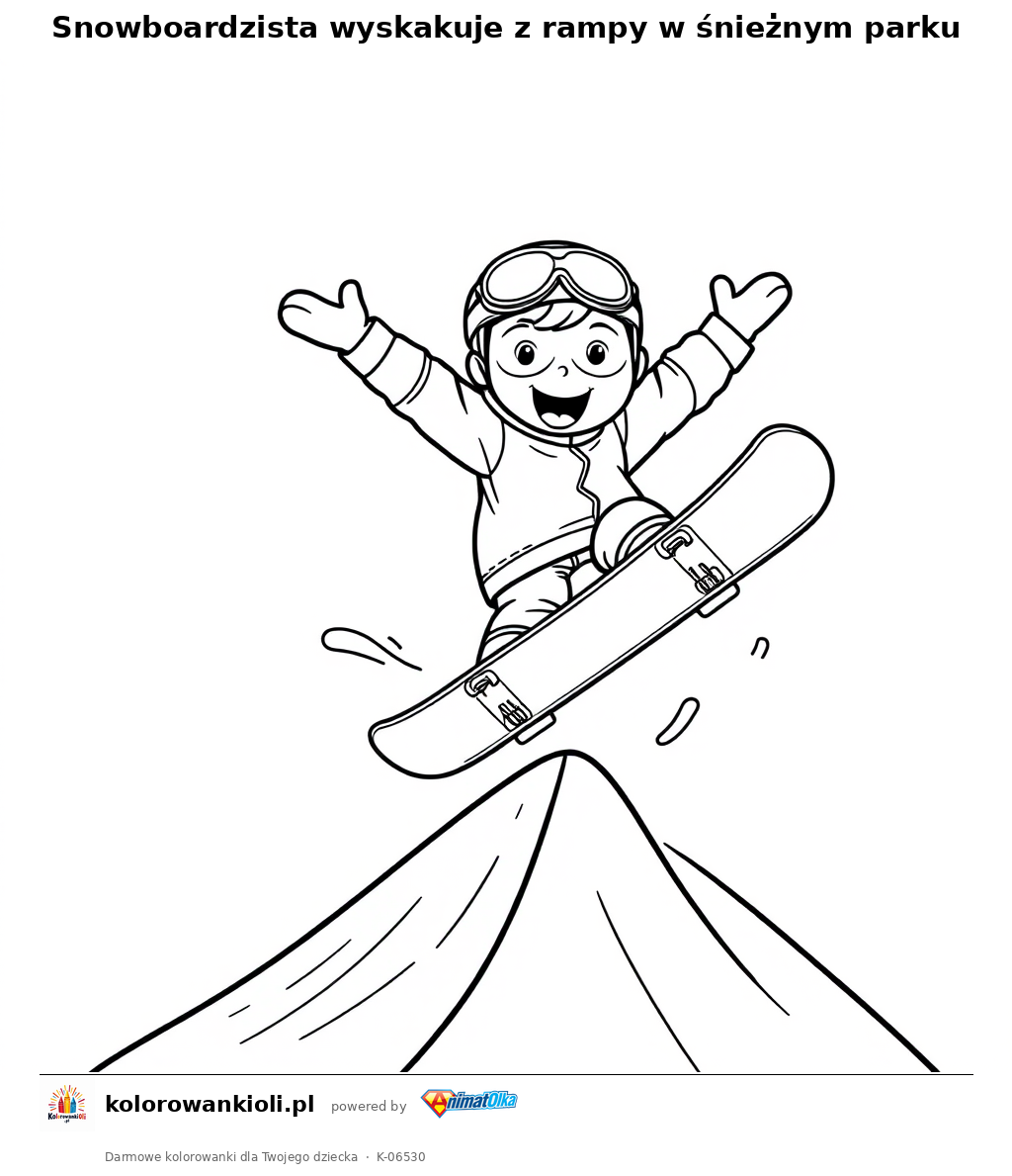 Snowboardzista wyskakuje z rampy w śnieżnym parku — kolorowanka do wydruku dla dzieci