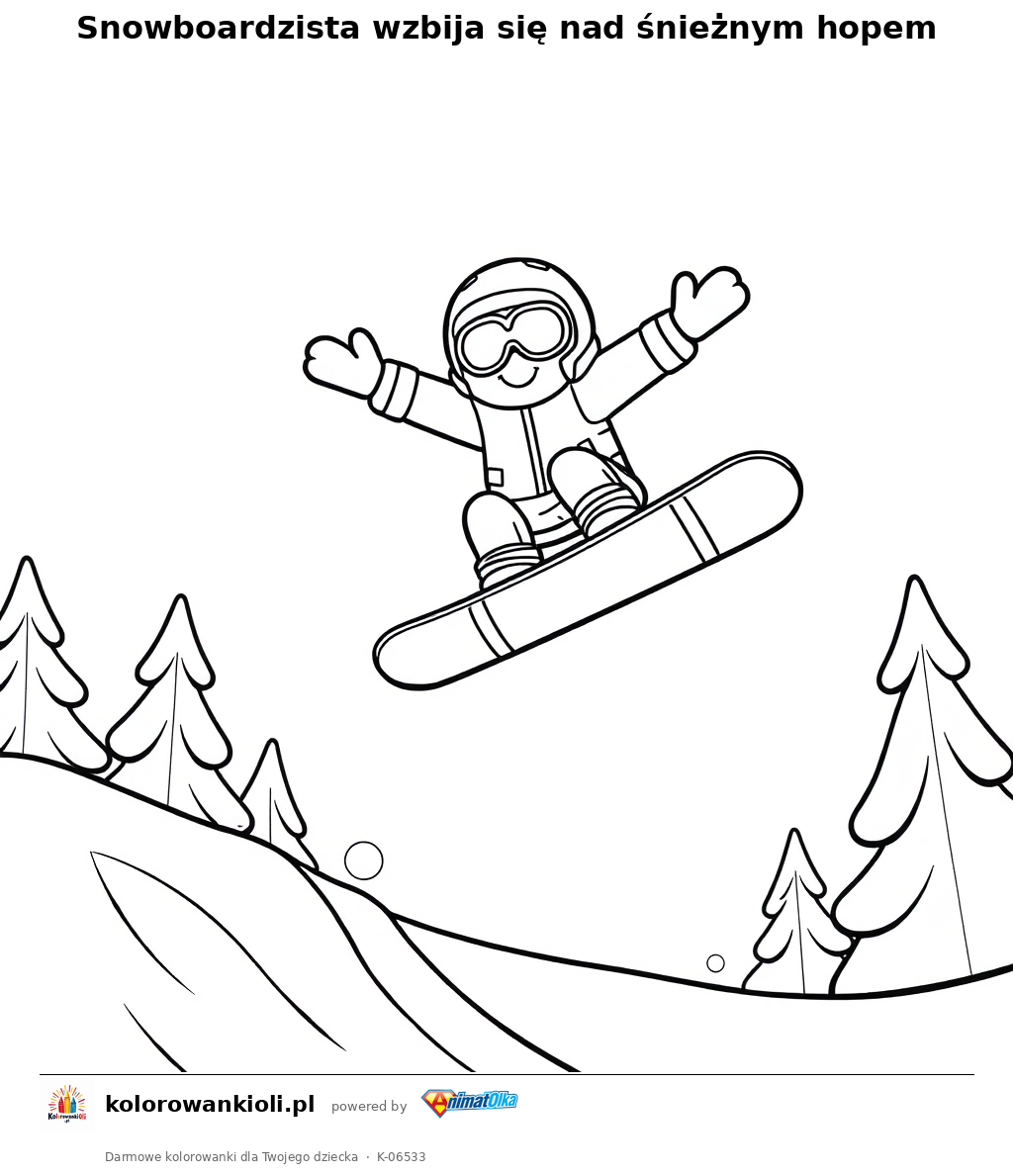 Snowboardzista wzbija się nad śnieżnym hopem — kolorowanka do wydruku dla dzieci