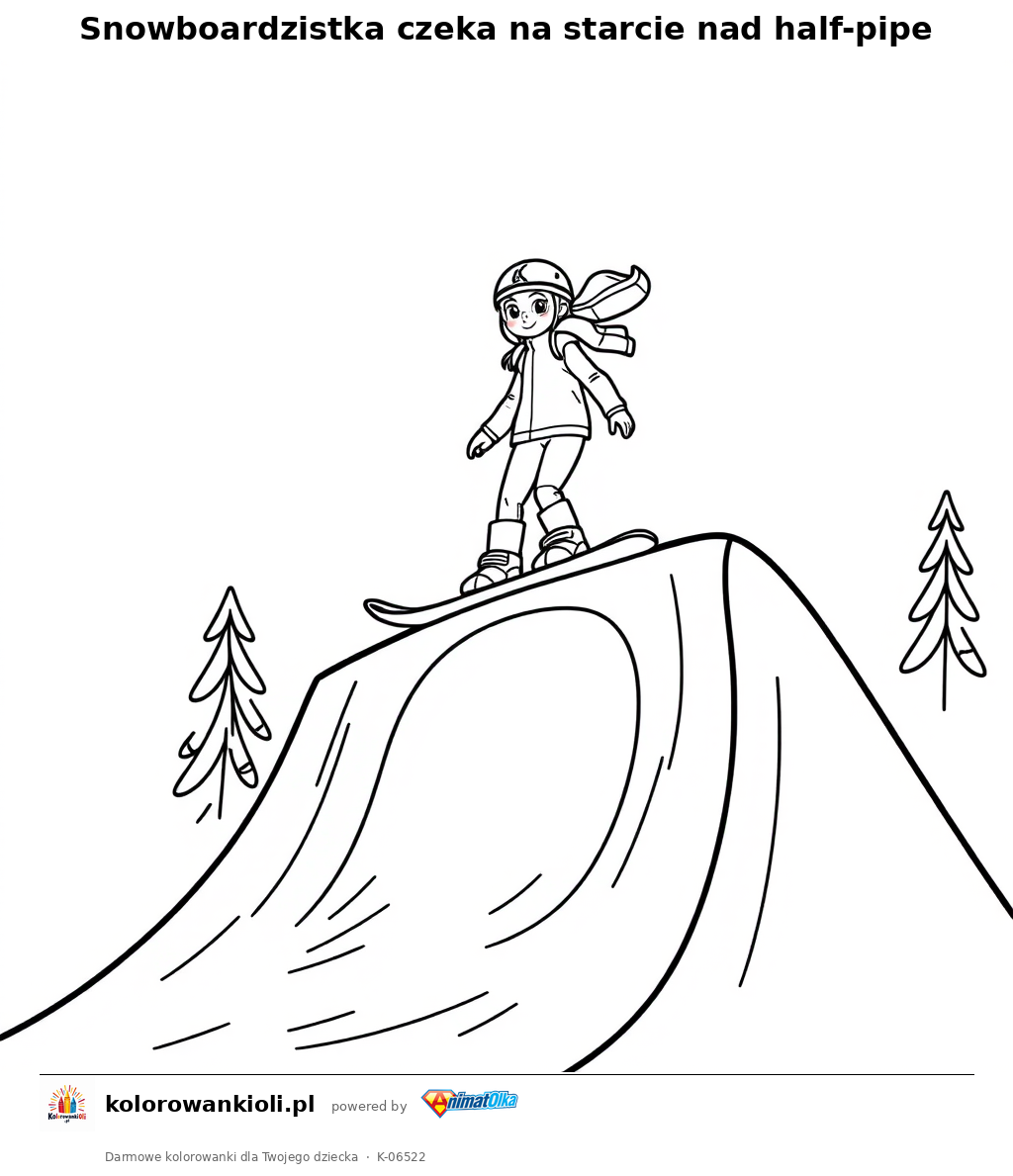 Snowboardzistka czeka na starcie nad half-pipe — kolorowanka do wydruku dla dzieci