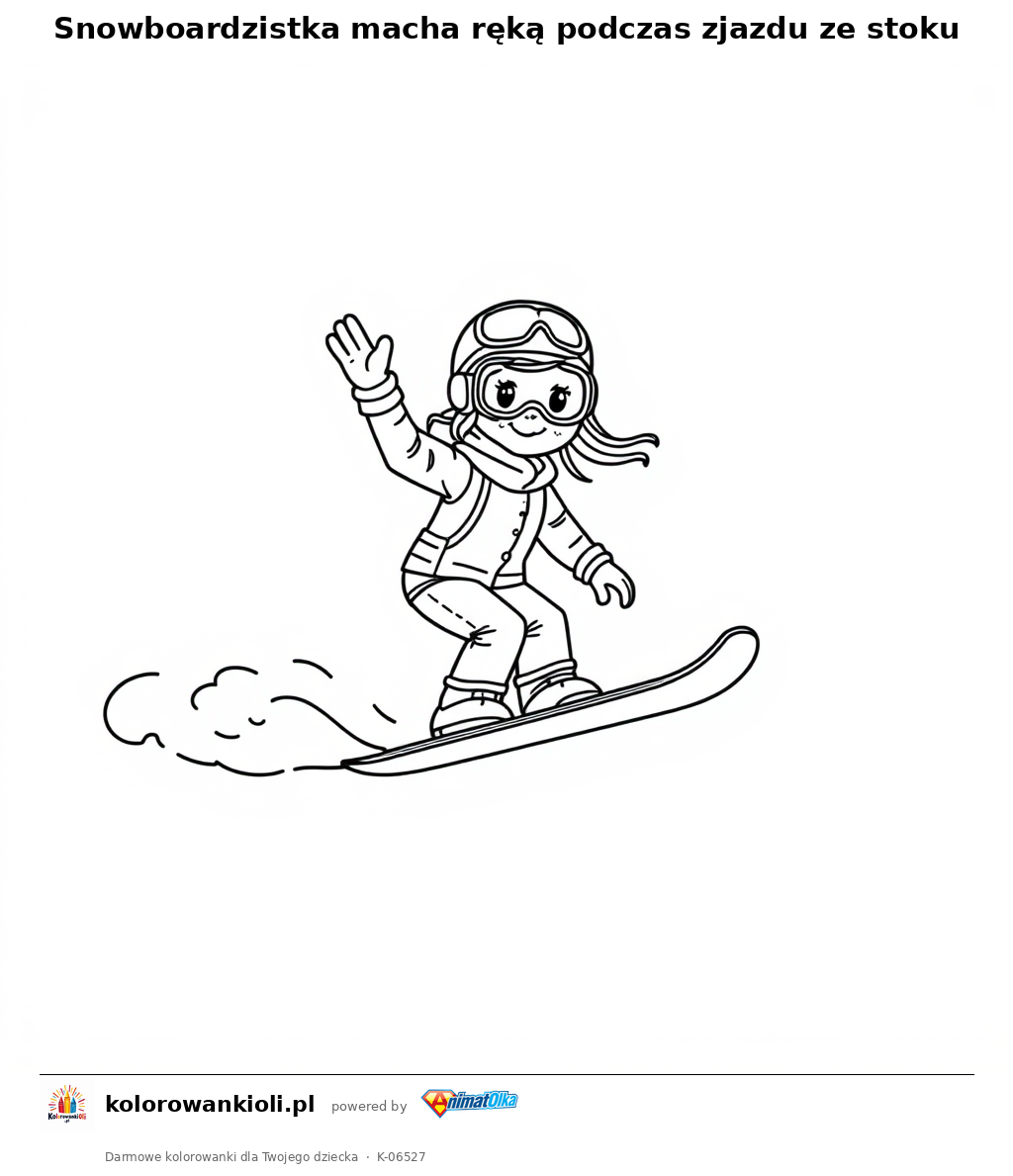 Snowboardzistka macha ręką podczas zjazdu ze stoku — kolorowanka do wydruku dla dzieci