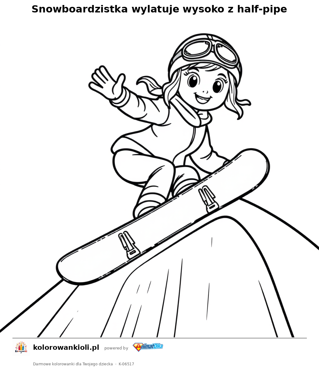 Snowboardzistka wylatuje wysoko z half-pipe — kolorowanka do wydruku dla dzieci