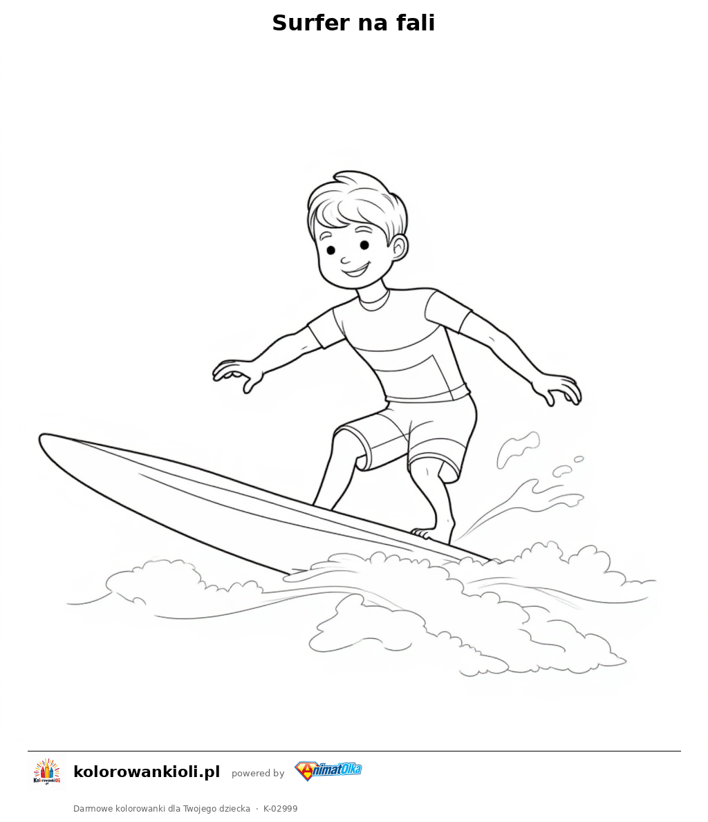 Surfer na fali — kolorowanka do wydruku dla dzieci