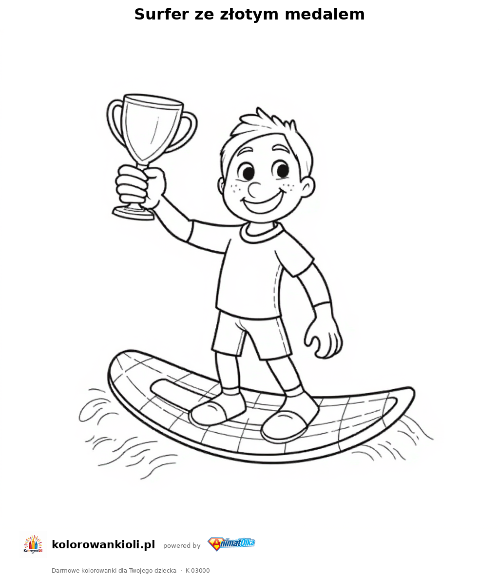 Surfer ze złotym medalem — kolorowanka do wydruku dla dzieci