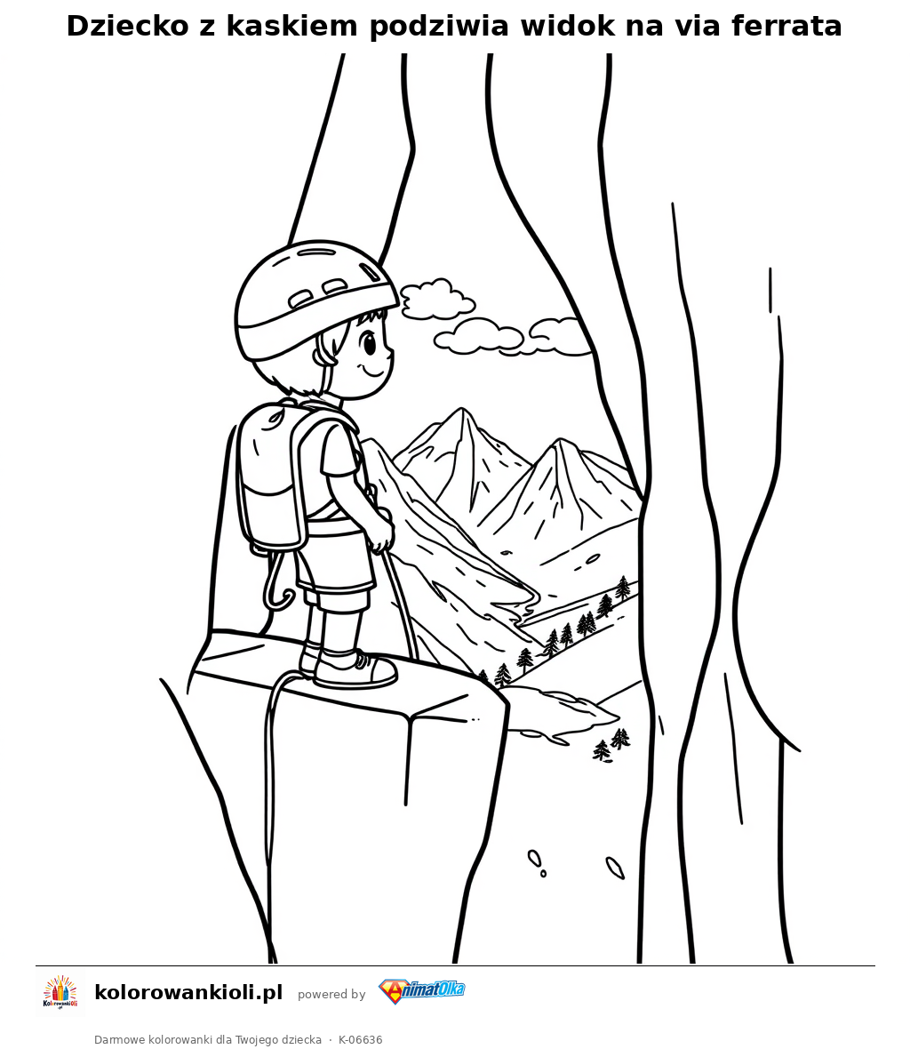 Dziecko z kaskiem podziwia widok na via ferrata — kolorowanka do wydruku dla dzieci
