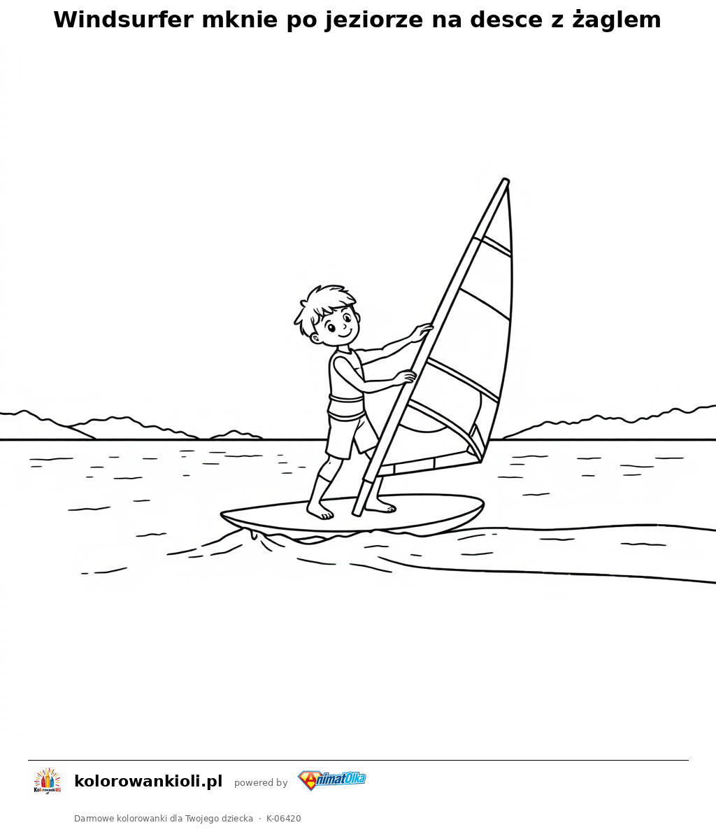 Windsurfer mknie po jeziorze na desce z żaglem — kolorowanka do wydruku dla dzieci