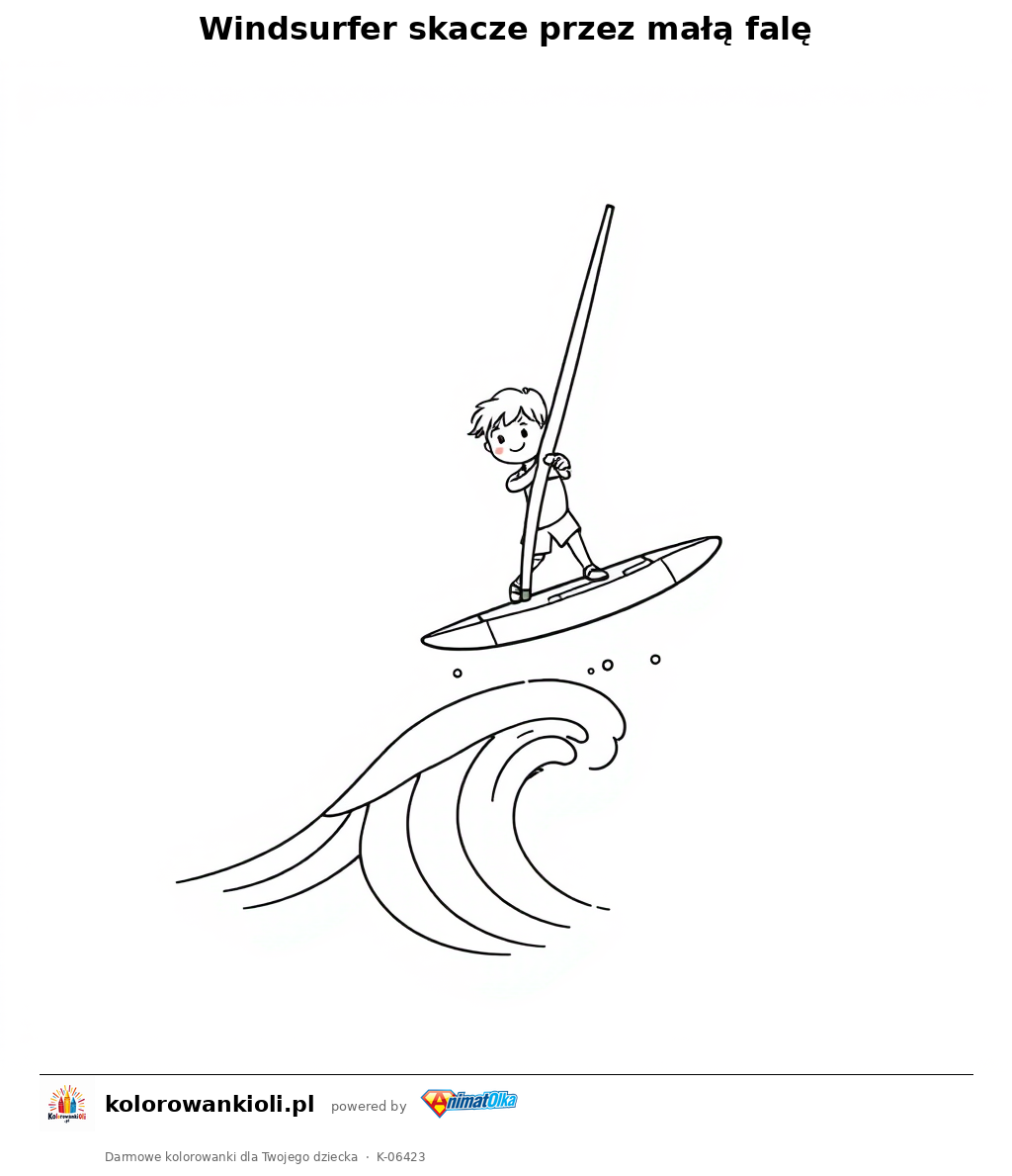 Windsurfer skacze przez małą falę — kolorowanka do wydruku dla dzieci