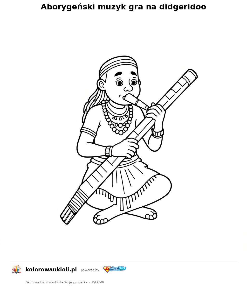 Aborygenski muzyk gra na didgeridoo — kolorowanka do wydruku dla dzieci