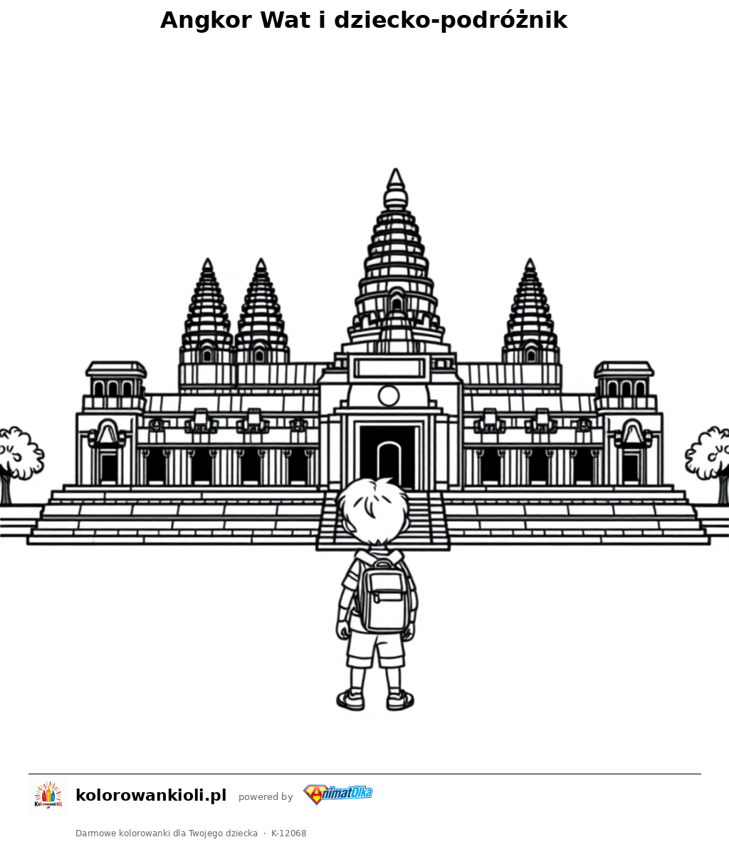 Angkor Wat i dziecko-podróżnik — kolorowanka do wydruku dla dzieci