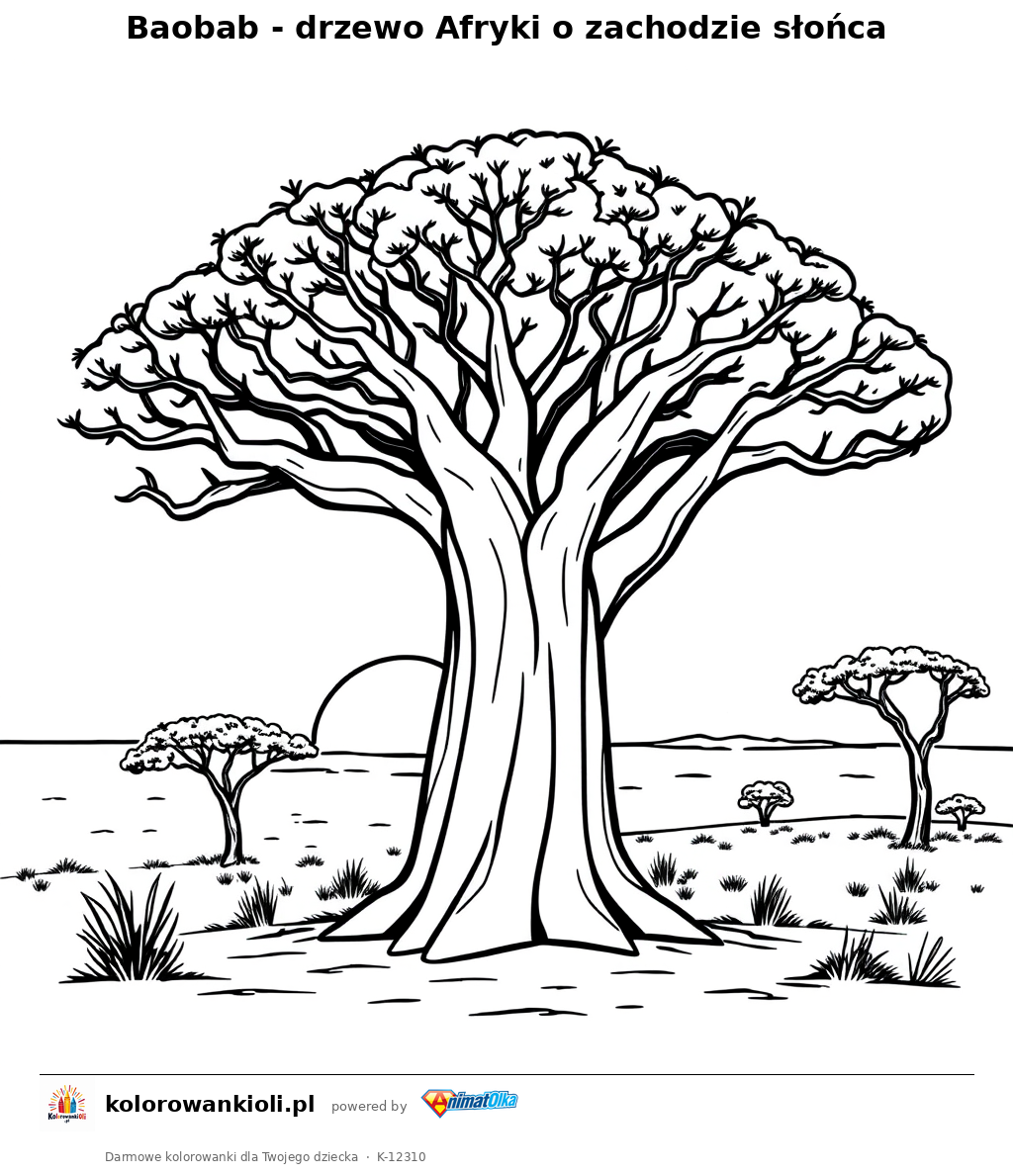 Baobab - drzewo Afryki o zachodzie słońca — kolorowanka do wydruku dla dzieci