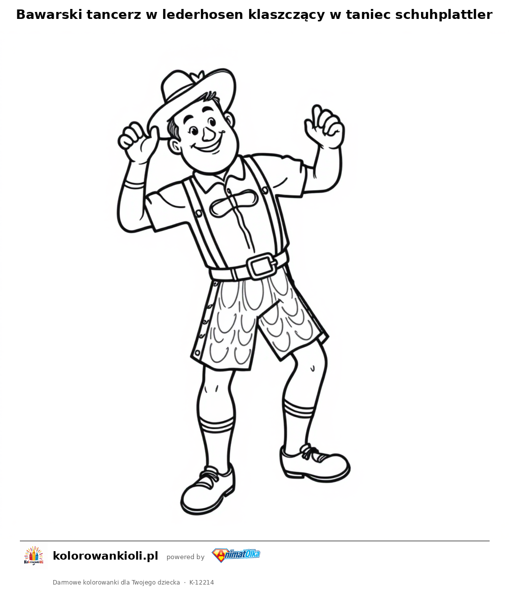 Bawarski tancerz w lederhosen klaszczący w taniec schuhplattler — kolorowanka do wydruku dla dzieci