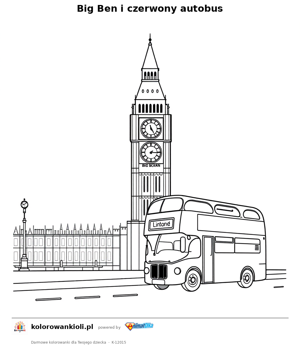 Big Ben i czerwony autobus — kolorowanka do wydruku dla dzieci