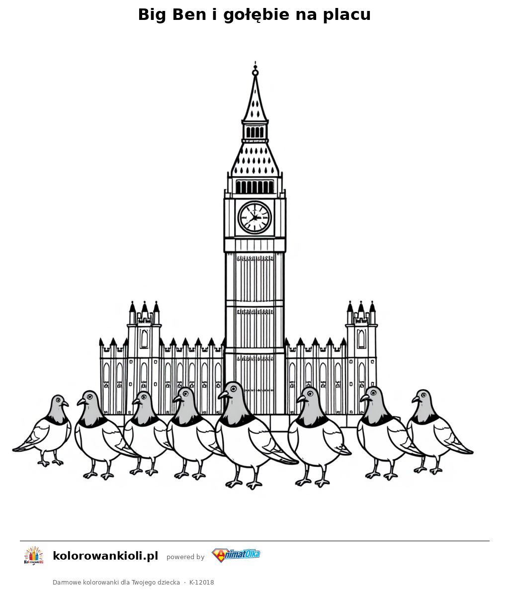 Big Ben i gołębie na placu — kolorowanka do wydruku dla dzieci