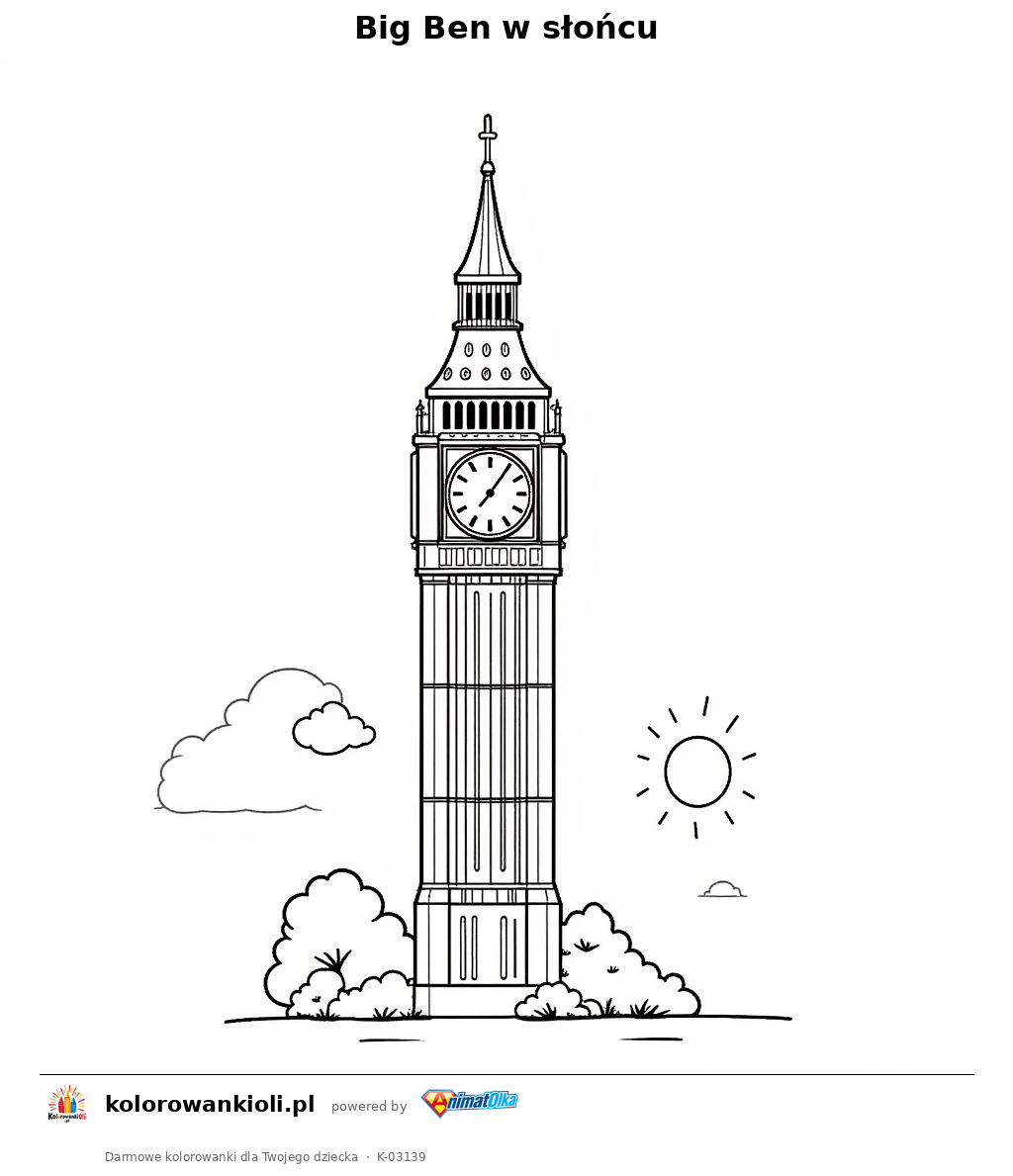 Big Ben w słońcu — kolorowanka do wydruku dla dzieci