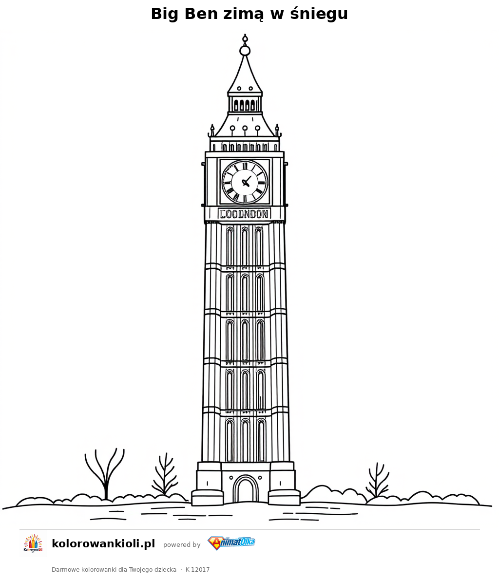 Big Ben zimą w śniegu — kolorowanka do wydruku dla dzieci