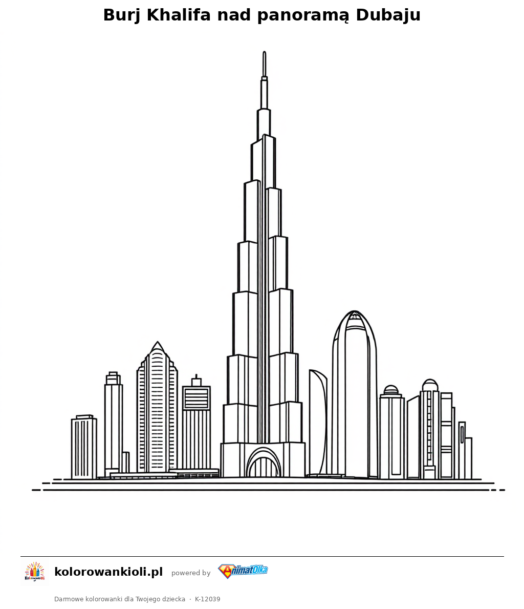 Burj Khalifa nad panorama Dubaju — kolorowanka do wydruku dla dzieci