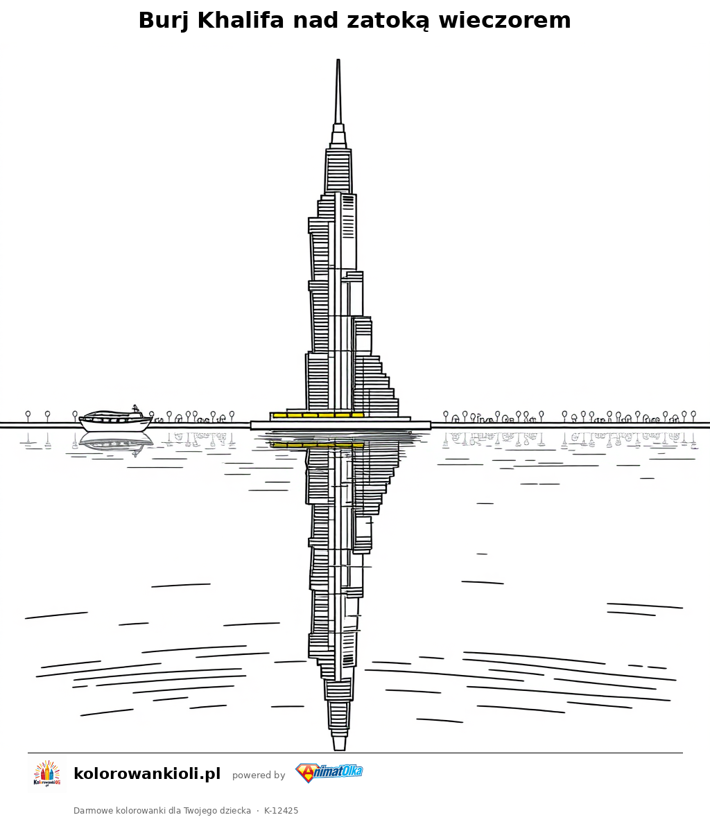 Burj Khalifa nad zatoką wieczorem — kolorowanka do wydruku dla dzieci
