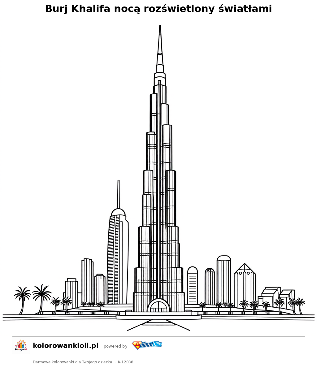 Burj Khalifa noca rozswietlony swiatlami — kolorowanka do wydruku dla dzieci