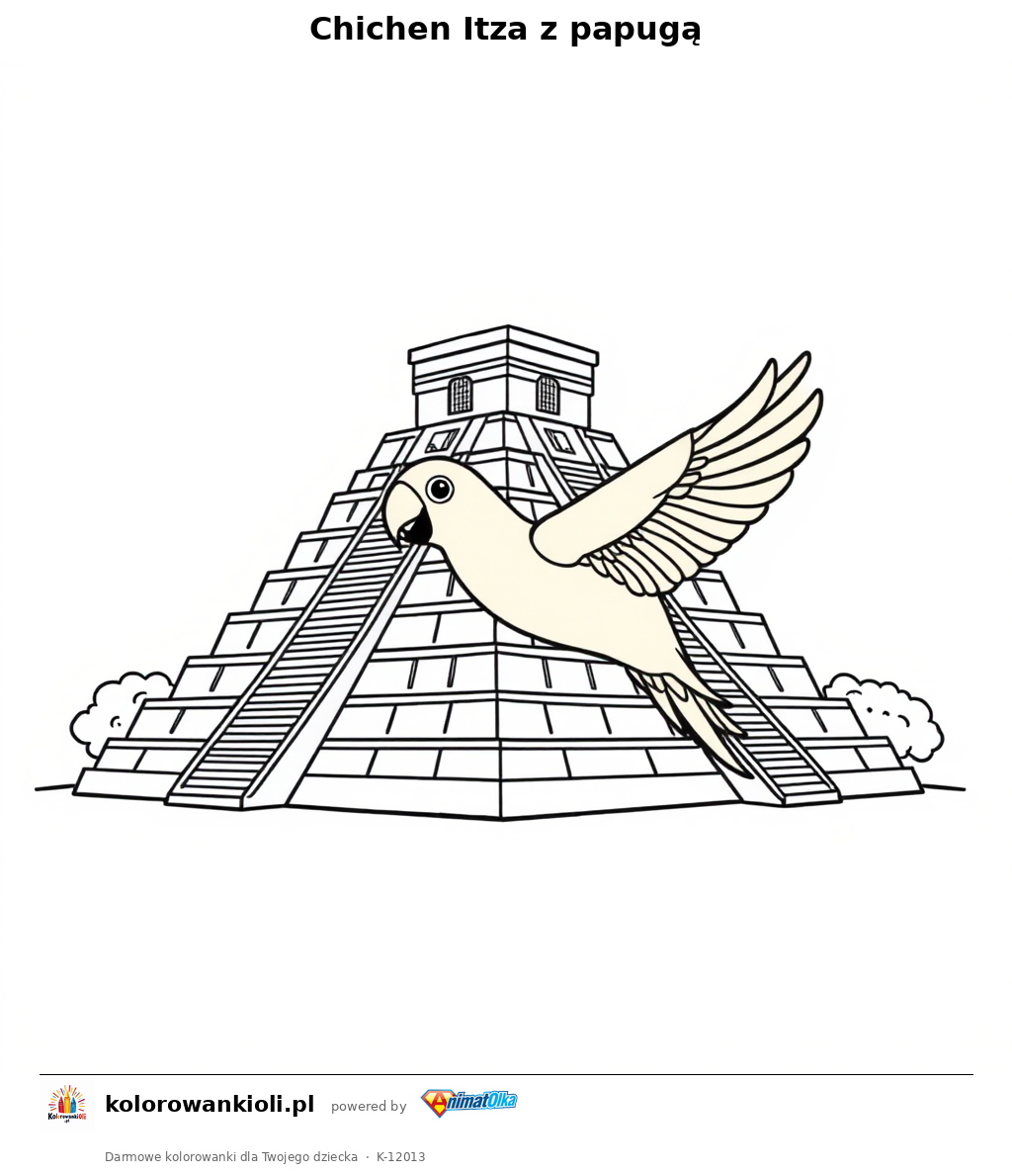 Chichen Itza z papugą — kolorowanka do wydruku dla dzieci