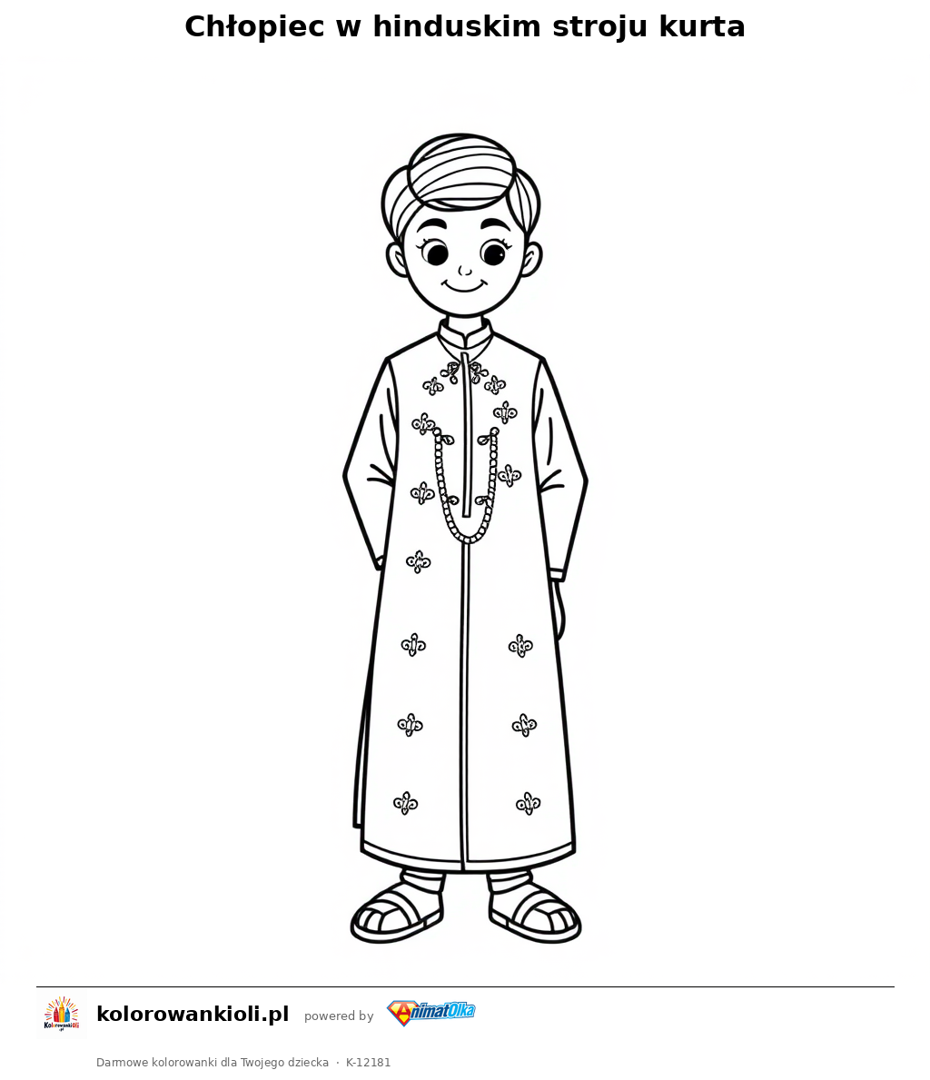 Chlopiec w hinduskim stroju kurta — kolorowanka do wydruku dla dzieci
