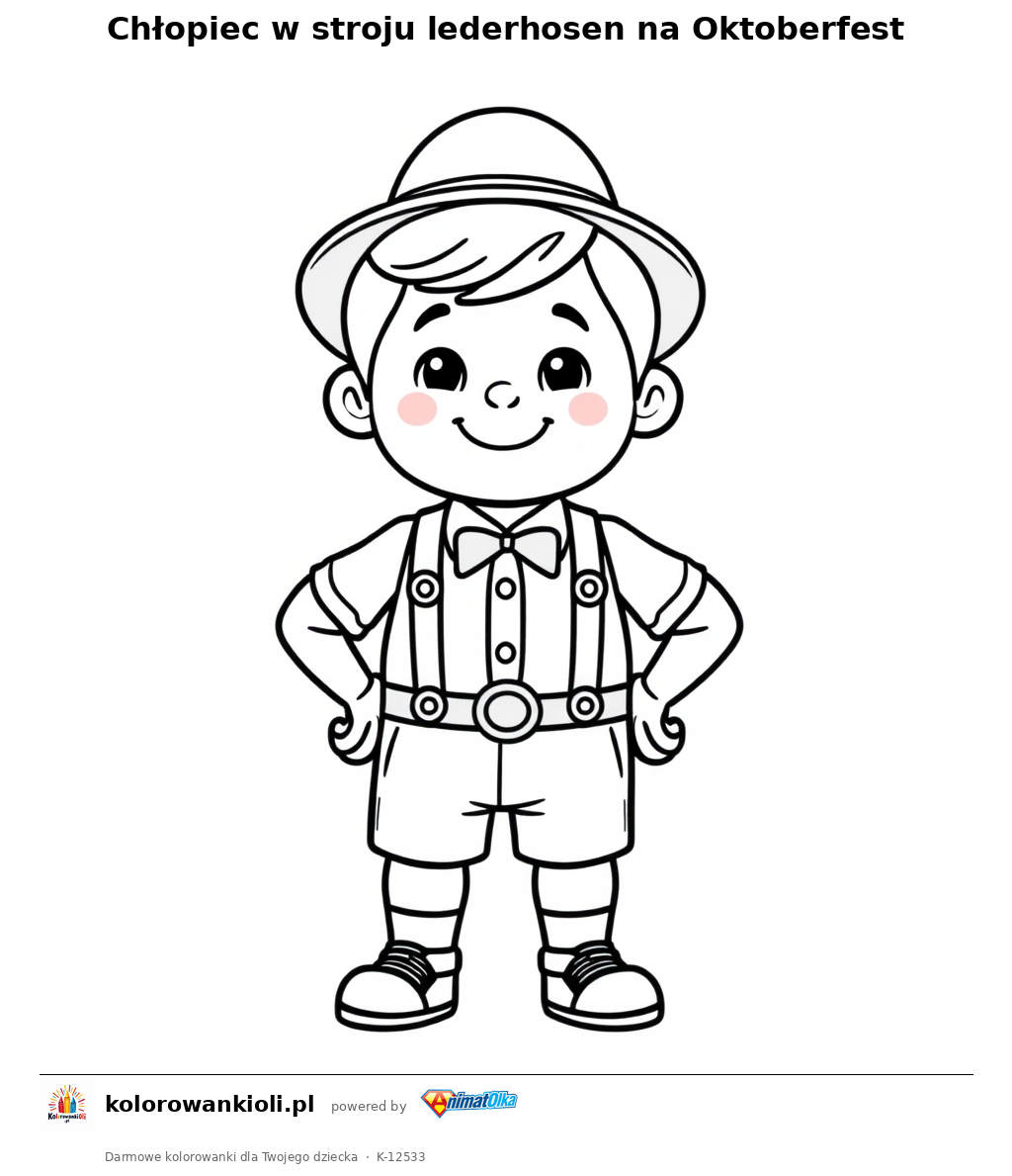 Chlopiec w stroju lederhosen na Oktoberfest — kolorowanka do wydruku dla dzieci