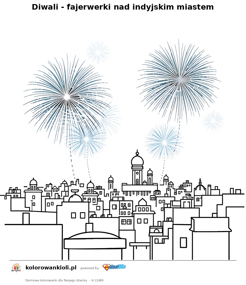 Diwali - fajerwerki nad indyjskim miastem — kolorowanka do wydruku dla dzieci