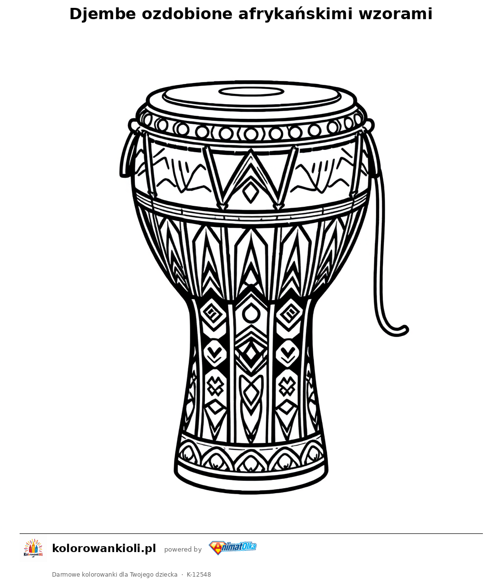 Djembe ozdobione afrykanskimi wzorami — kolorowanka do wydruku dla dzieci