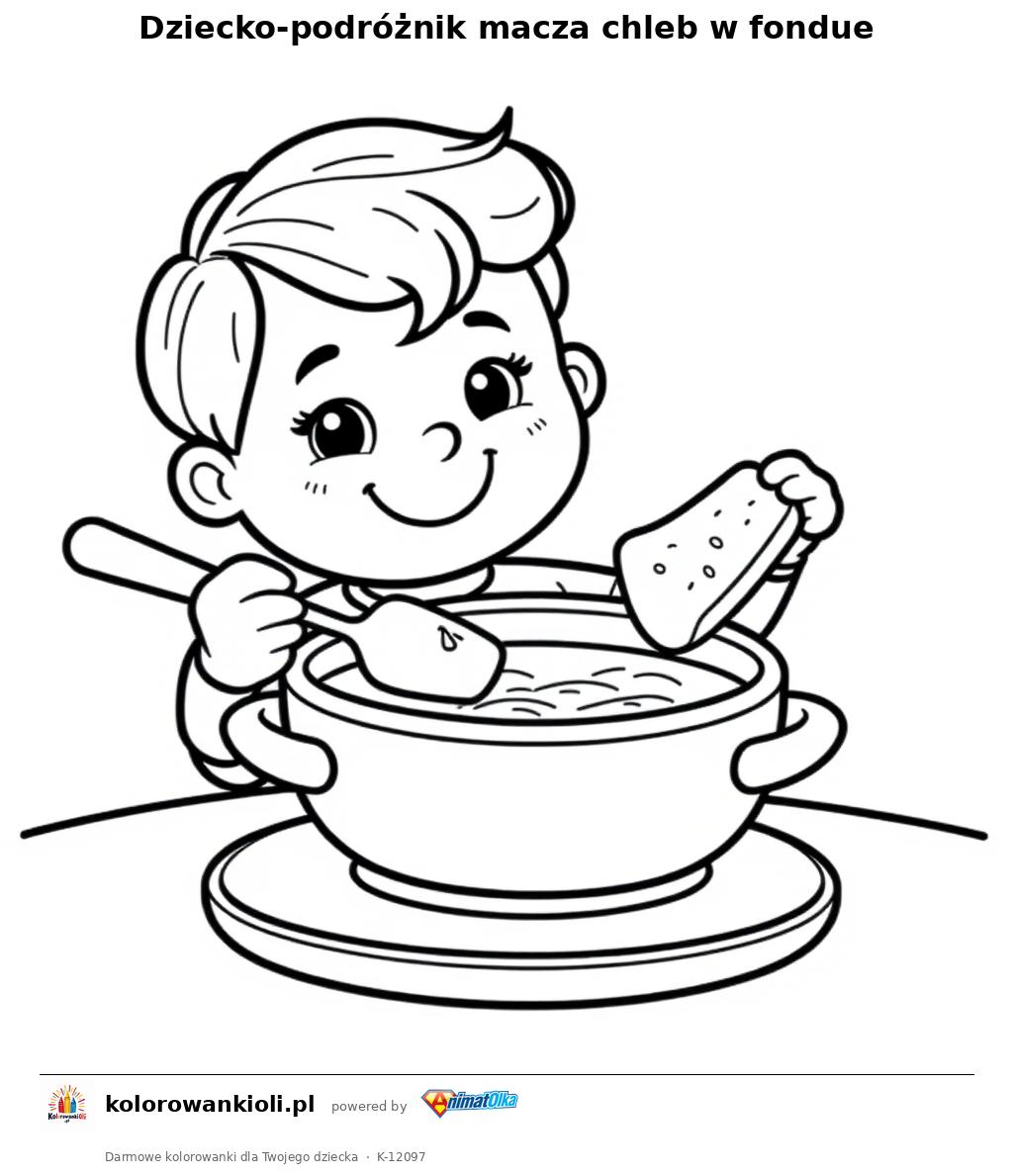 Dziecko-podroznik macza chleb w fondue — kolorowanka do wydruku dla dzieci