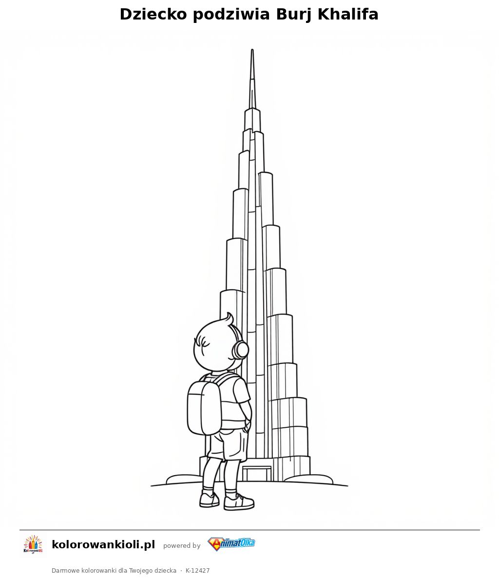 Dziecko podziwia Burj Khalifa — kolorowanka do wydruku dla dzieci