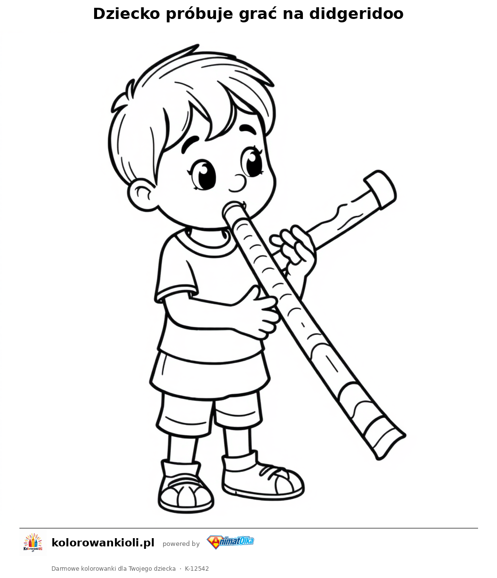 Dziecko probuje grac na didgeridoo — kolorowanka do wydruku dla dzieci