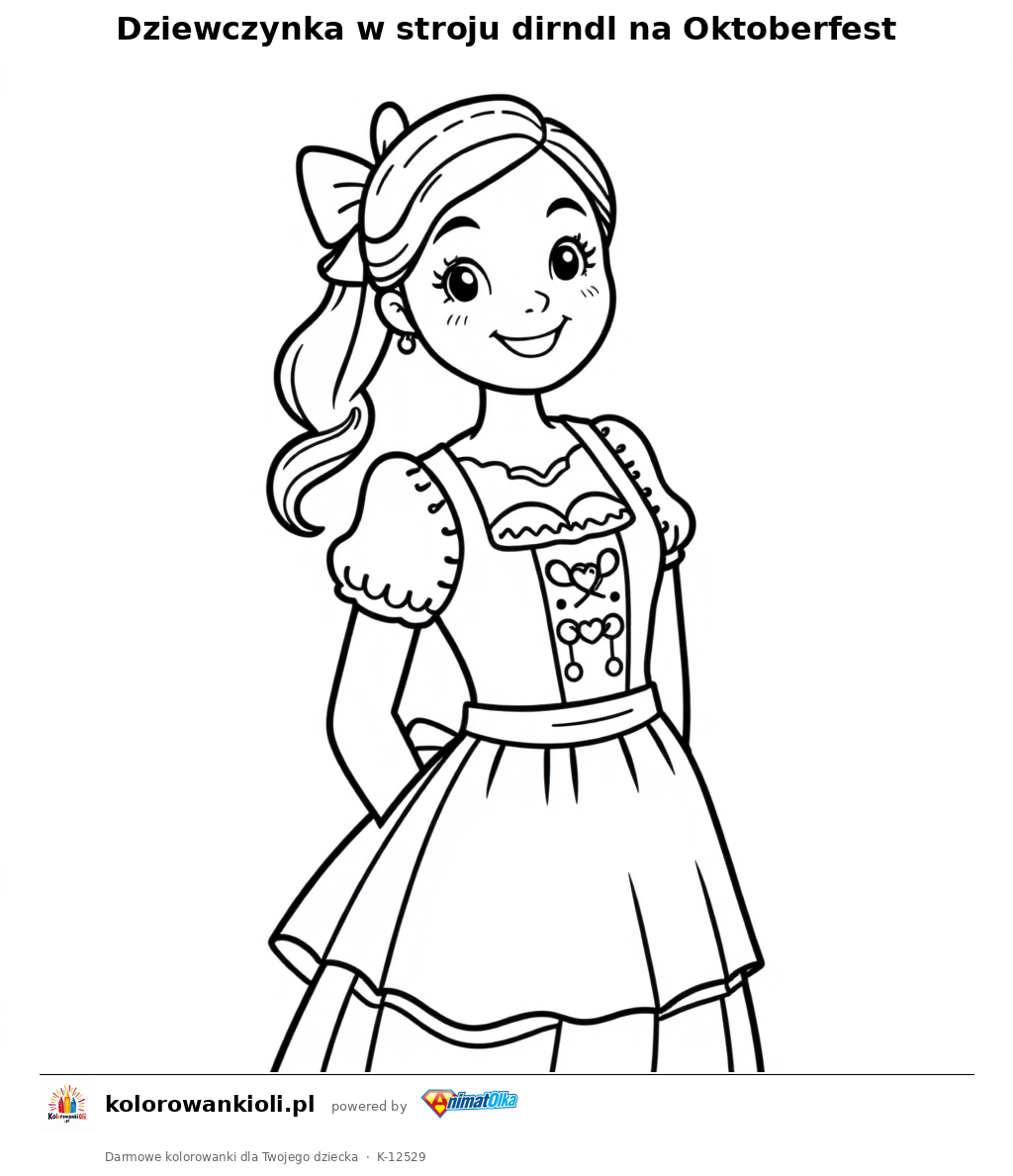 Dziewczynka w stroju dirndl na Oktoberfest — kolorowanka do wydruku dla dzieci