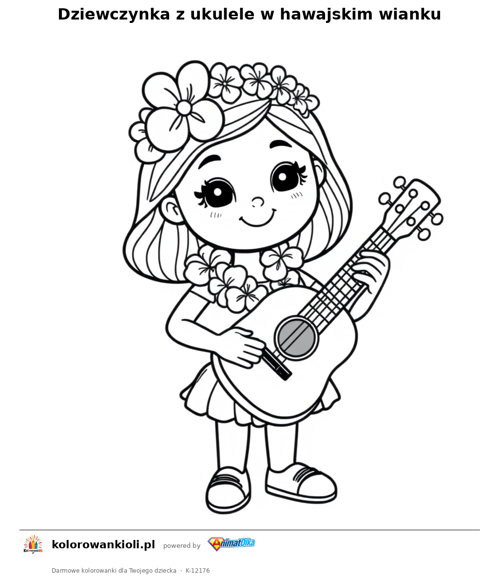 Dziewczynka z ukulele w hawajskim wianku — kolorowanka do wydruku dla dzieci