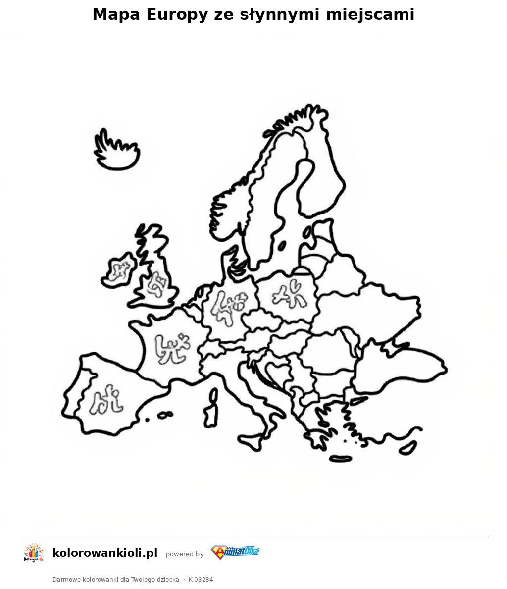 Mapa Europy ze słynnymi miejscami — kolorowanka do wydruku dla dzieci