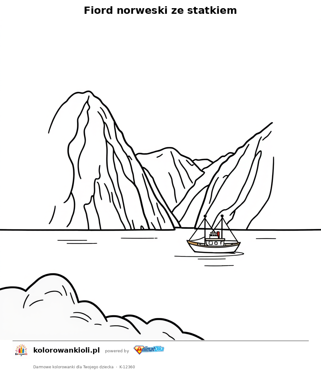 Fiord norweski ze statkiem — kolorowanka do wydruku dla dzieci