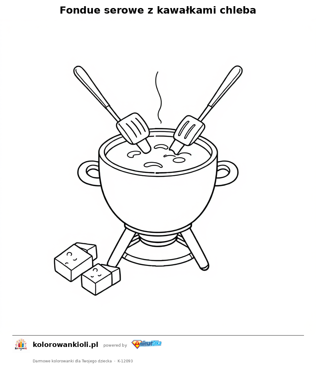 Fondue serowe z kawalkami chleba — kolorowanka do wydruku dla dzieci