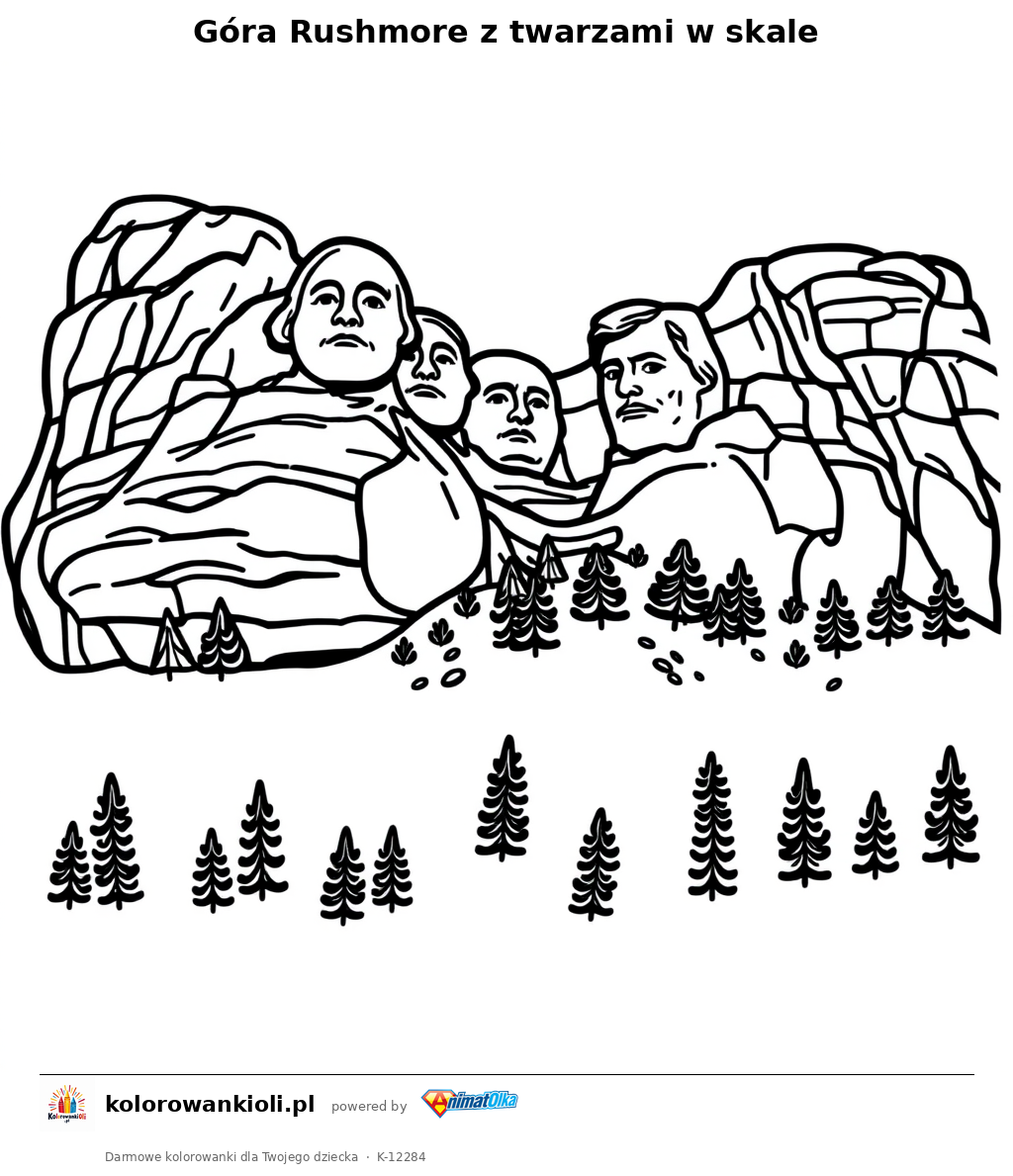 Góra Rushmore z twarzami w skale — kolorowanka do wydruku dla dzieci