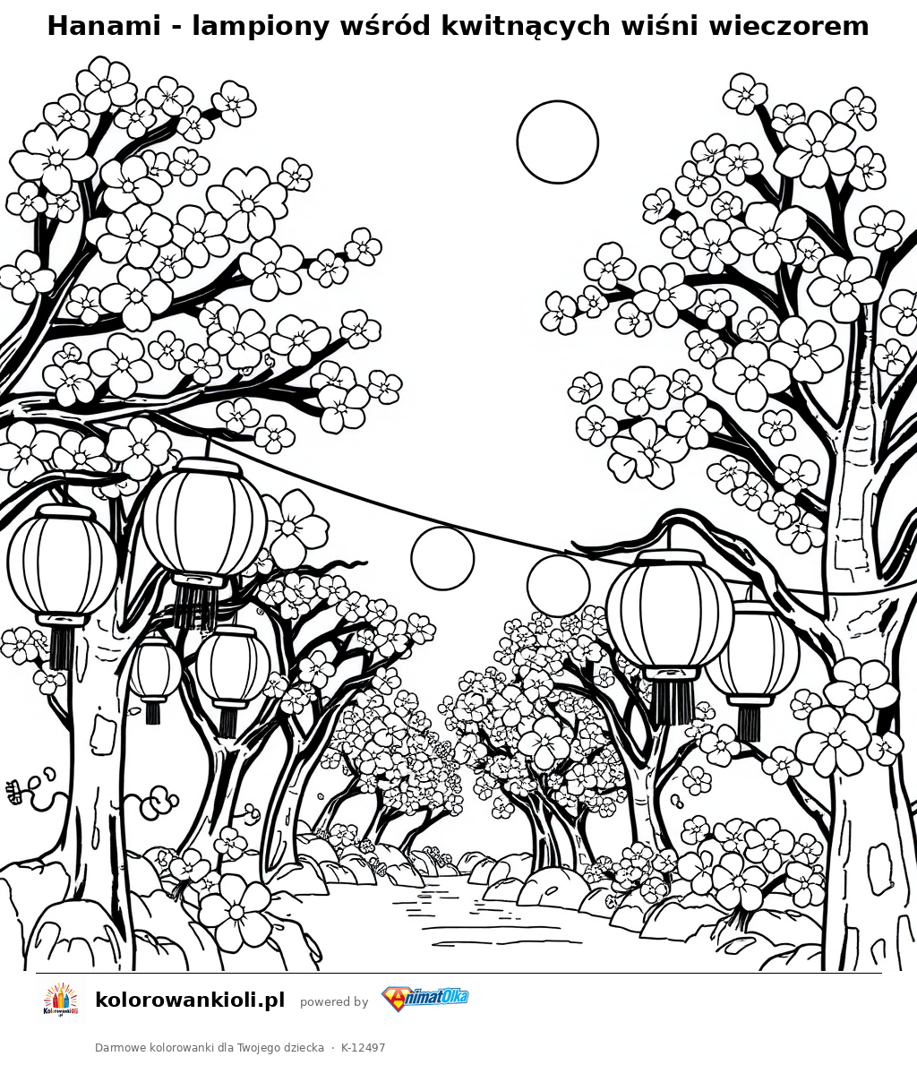 Hanami - lampiony wsrod kwitnacych wisni wieczorem — kolorowanka do wydruku dla dzieci